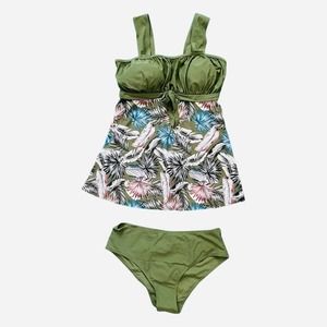 NWT Phortric High Waisted Feather Tankini Ruched Tie Padded Spandex, Size XL